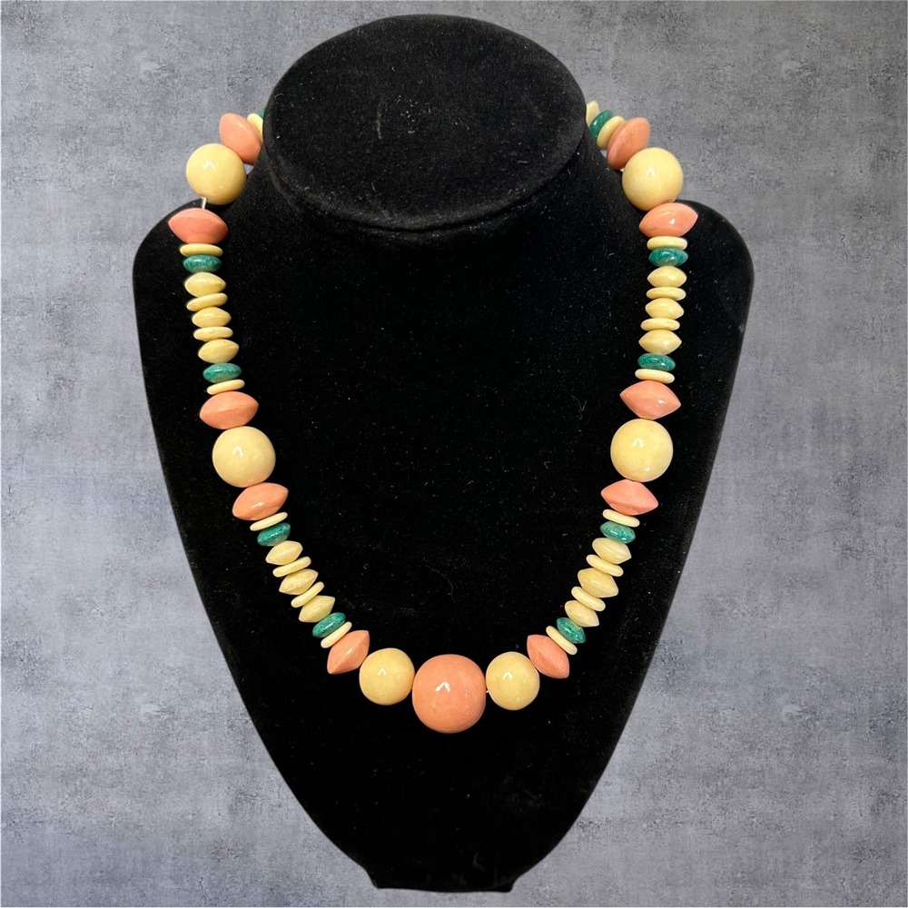 17.5" Karla Jordan Beaded‎ Necklace Peach Cream Teal Chunky Statement
